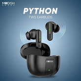 Close-up view of ModishOmbre Python Earbuds highlighting quad microphones with ENC for clear calls